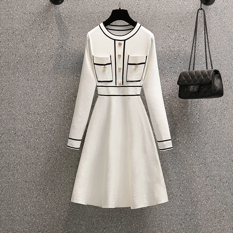 

Женское трикотажное платье-свитер в полоску, с круглым вырезом и длинным рукавом