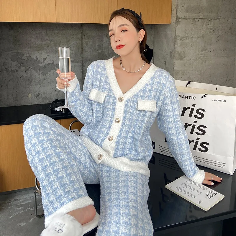 Women Pajamas Set Thickened Velvet Home Clothes Autumn Winter Long-sleeved Plaid Soft Sweet Little Fragrance Warm Sleepwear Pjs