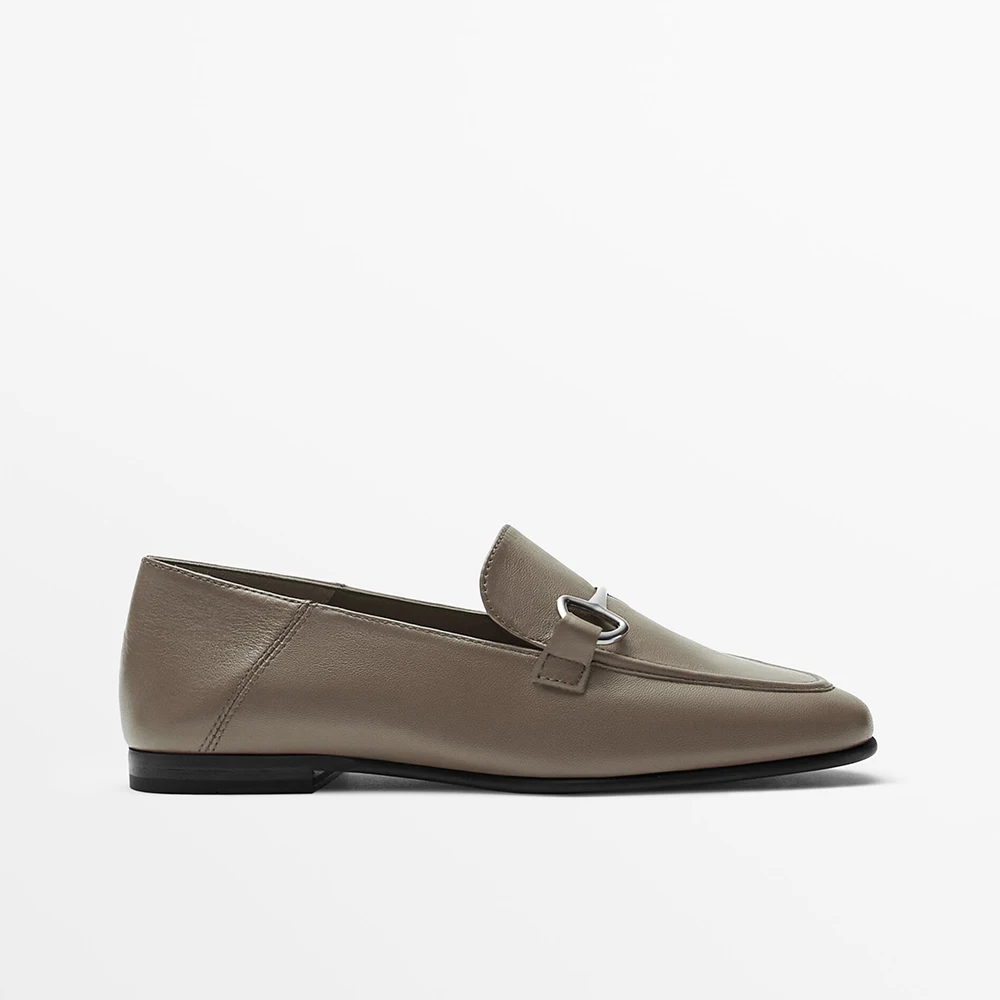 

MoirncDutti British Style Fashion Brown Metal Buckle Design Leather Casual Flat Loafers Flat Women Shoes