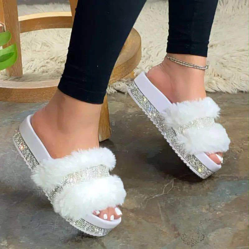 

2022 Women's Summer Sandals Thick Sole Slippers Rhinestone Plush Outdoor Flat Slippers Flip-Flops Sandals Buty Na Platformie