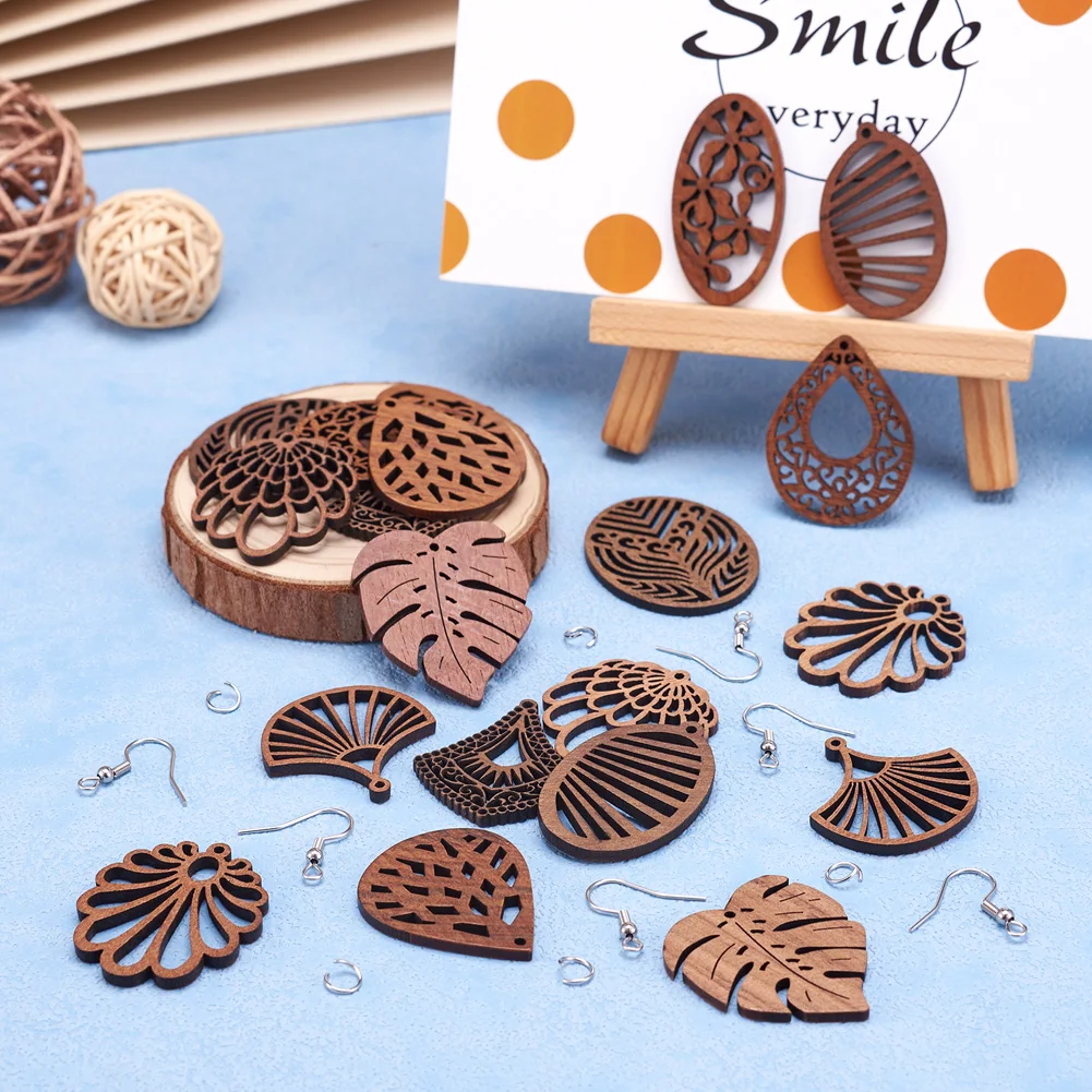 20 шт. винтажные подвески из ореховой древесины лазерной резки полые листья цветы