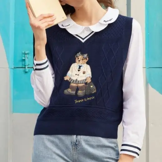 

Preppy JK Syle Blue And White Color Knit Women Sweater Vest Tanks V-Neck Cartoon Embroidery Loose Casual Lady Pullovers