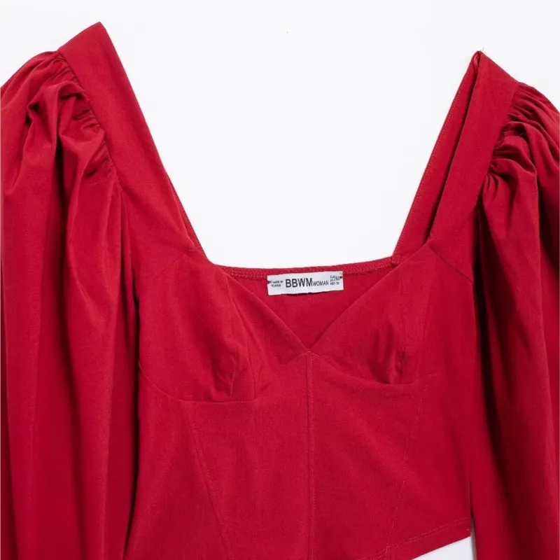 TRAF шифоновый женский топ с открытой спиной и пышными рукавами женская рубашка