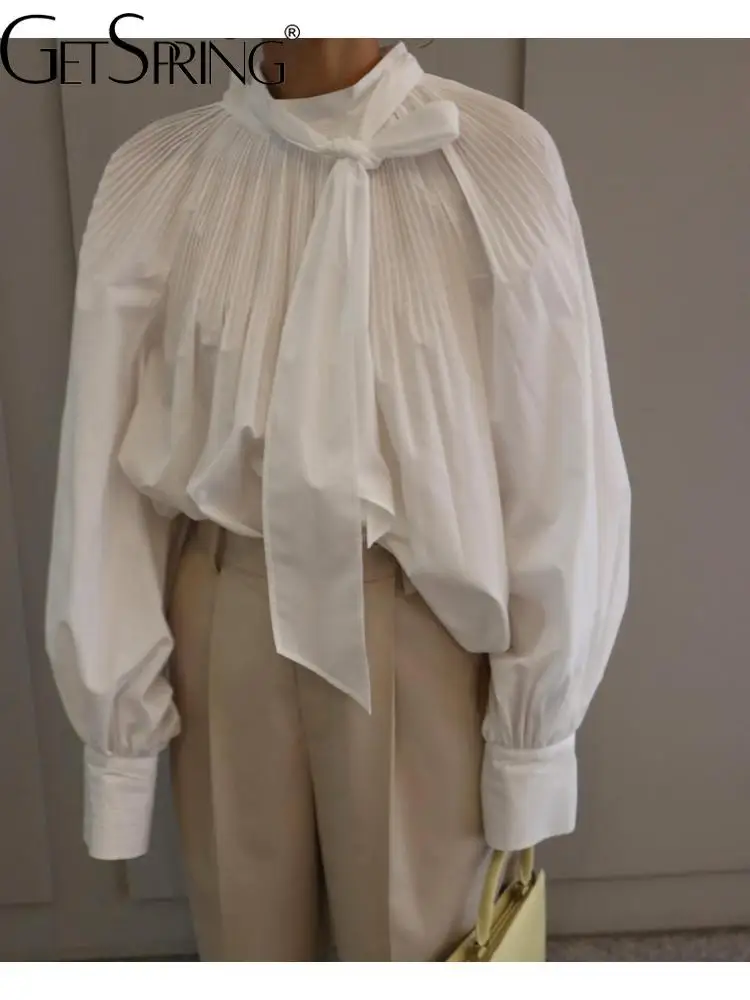 

GetSpring Women Shirt Retro Full Sleeve Pleated Cotton White Blouse Fashion Loose Leisure Solid All Match Female Tops 2022 New