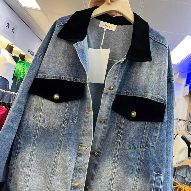 Джинсовая куртка женская с отложным воротником винтажная свободная уличная