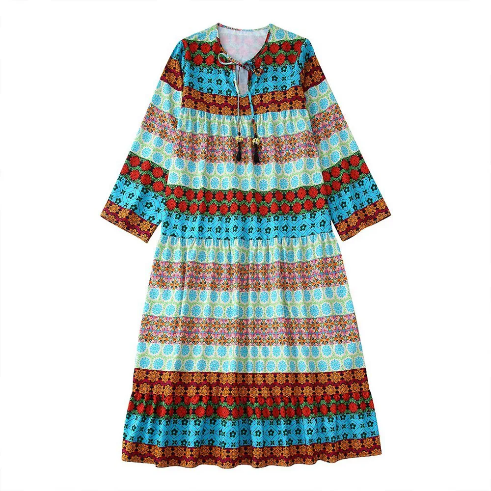 

Женское длинное платье с принтом DiYiG, винтажное Свободное платье с длинными рукавами, многослойным подолом и высокой талией, 2022