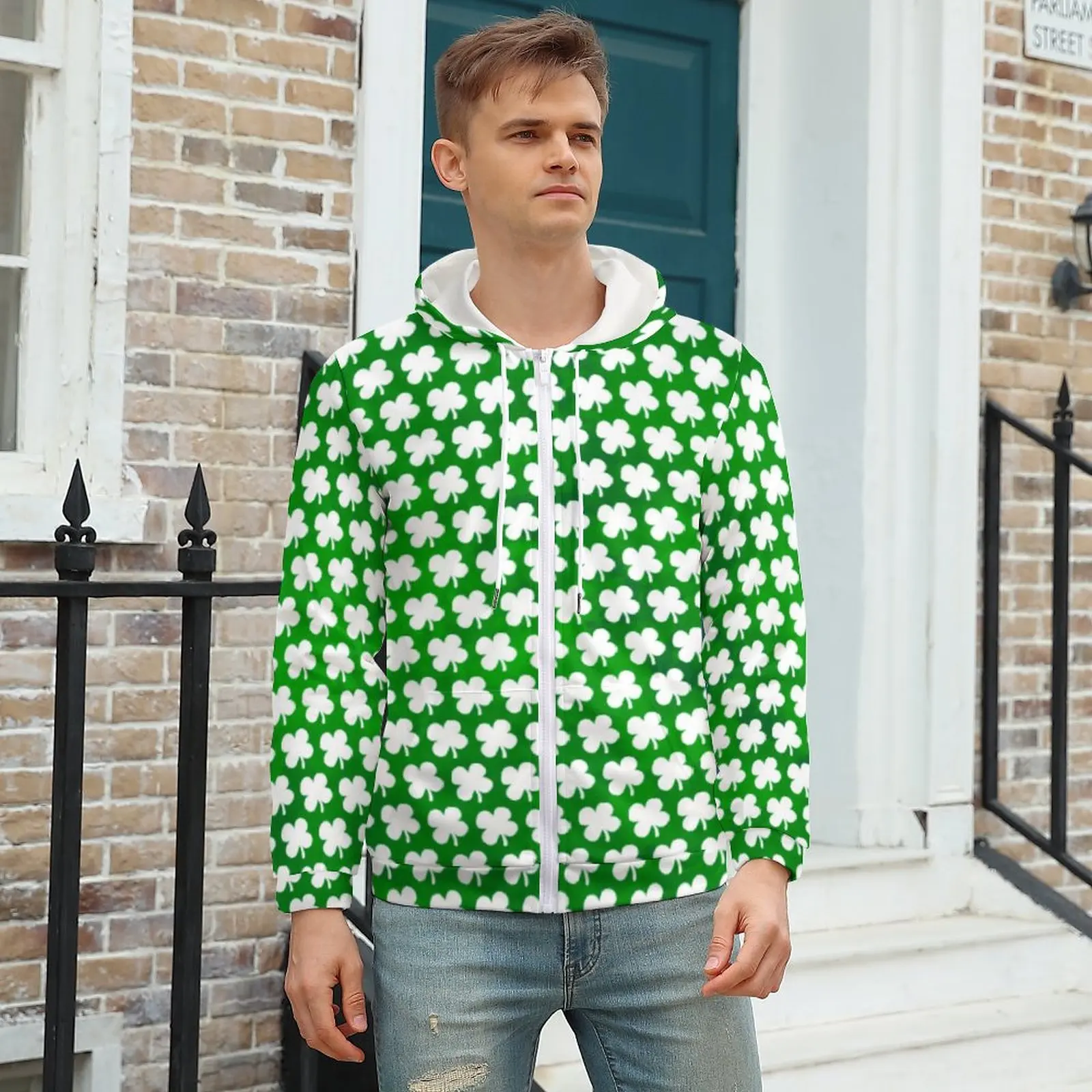 

Shamrock Patricks Day Hoodies Four Leaf Clover Polyester Zip Up Hoodie Casual Winter Hoodie Oversize