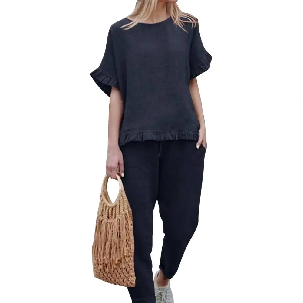 

2Pcs/Set Women T-shirt Pants Suit O-neck Short Sleeve Elastic Waist Solid Color Ruffle Trim T-shirt Long Pants Female Clothing