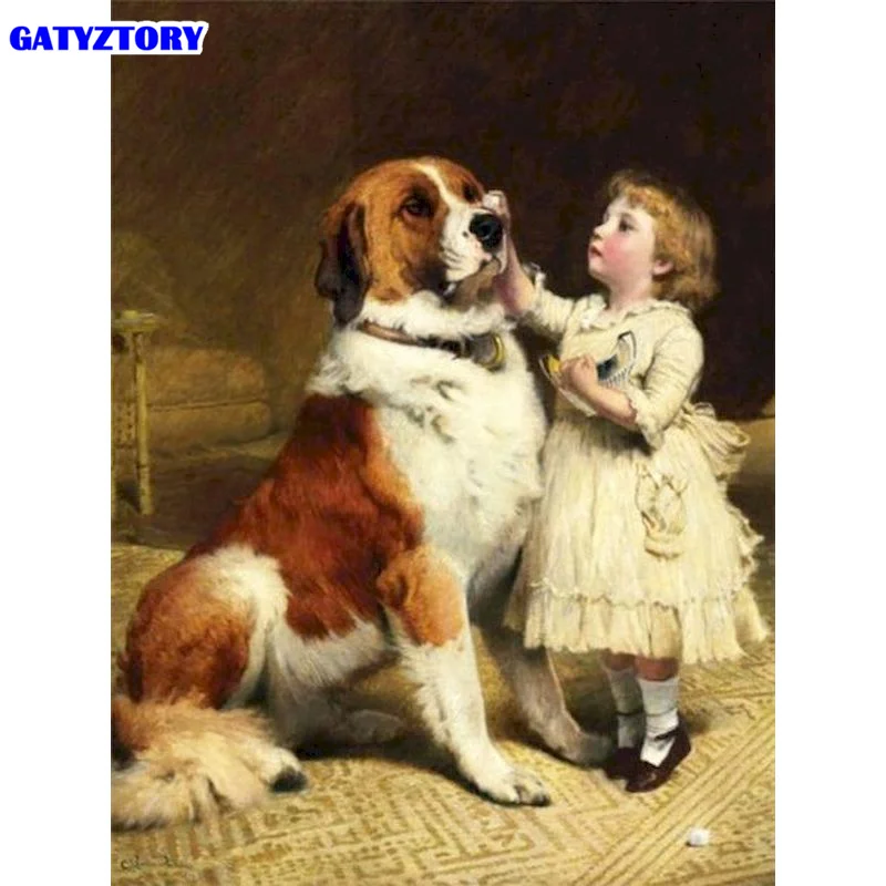 

GATYZTORY Frame Girl And Dog Animals Abstract Painting Diy Digital Painting By Numbers Modern Wall Art Picture For Home Decor