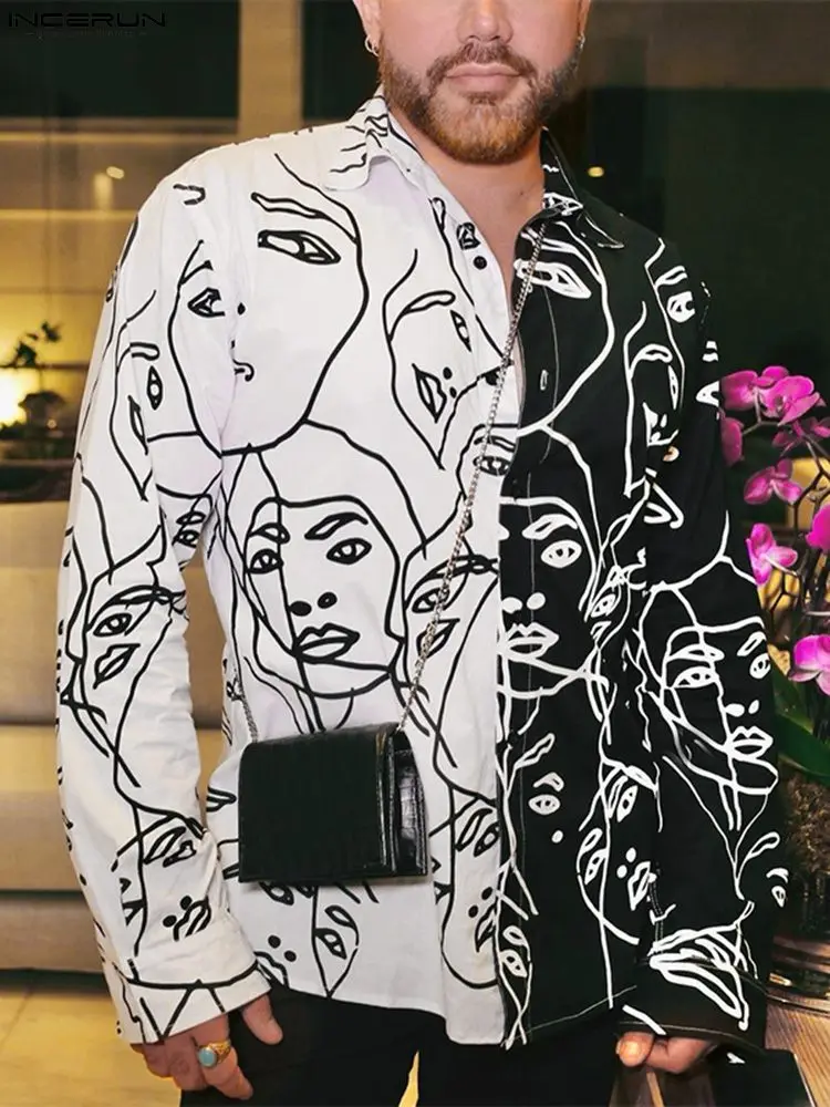 

2022 Fashion Men Shirt Print Patchwork Lapel Long Sleeve Button Streetwear Men Clothing Personality Casual Camisas S-5XL INCERUN
