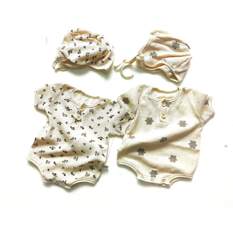 

2022 Summer New Baby Waffle Short Sleeve Bodysuit + Hat Infant Girl Floral Pajamas Cute Bear Print Toddler Boys Jumpsuit