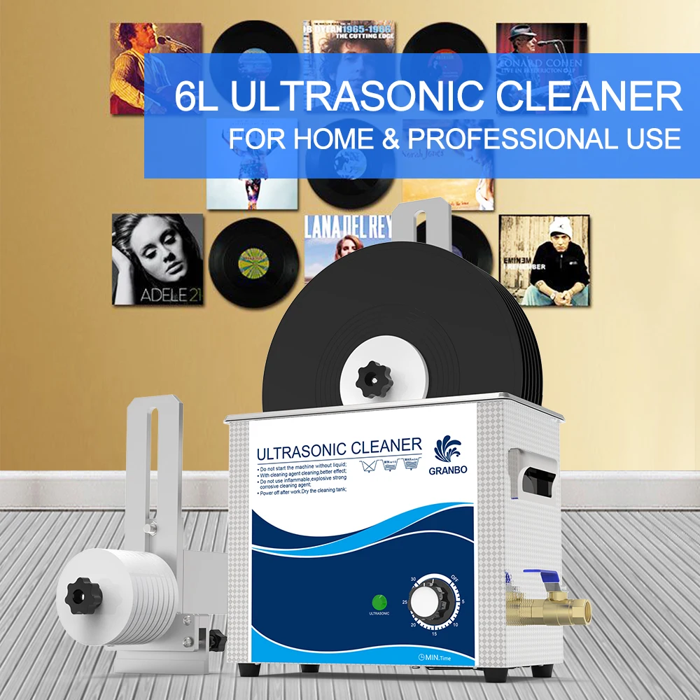 Granbo Vinyl Records Ultrasonic Cleaner 6.5L Dial Timer 180W 40KHz with Motor Bracket 5~6rpm Speed Deep Cleaning Tool