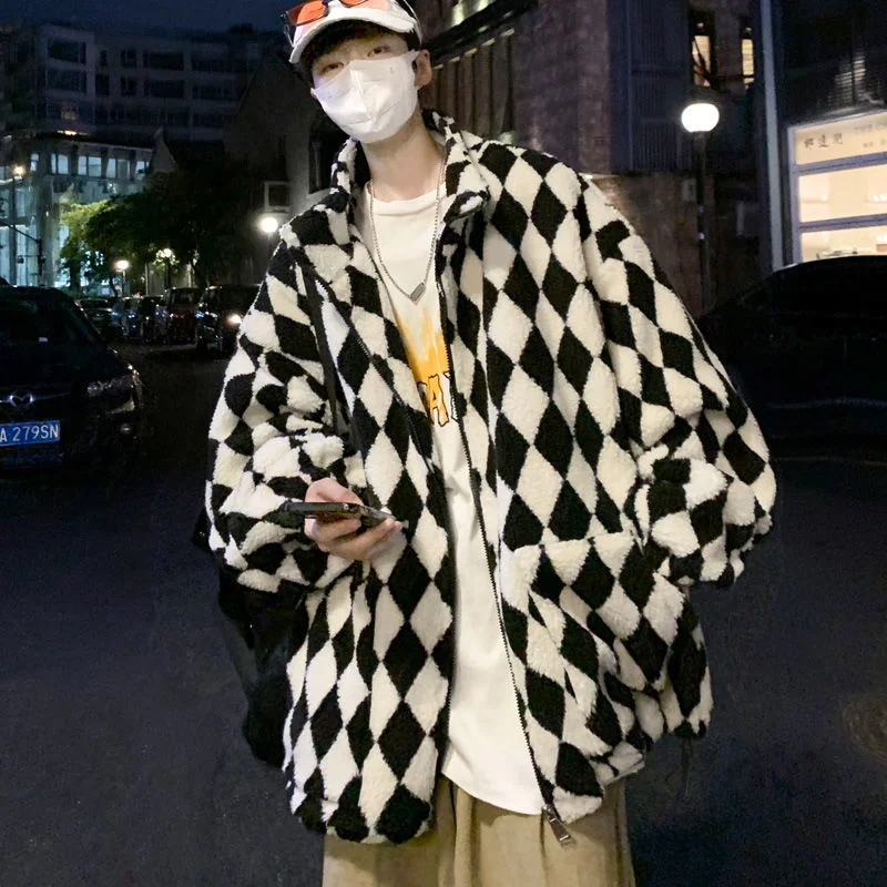 Winter Jacket Men Warm Fashion Retro Casual Plaid Thickened Lamb Wool Jackets Mens Streetwear Loose Short Coat Men Clothes M-3XL