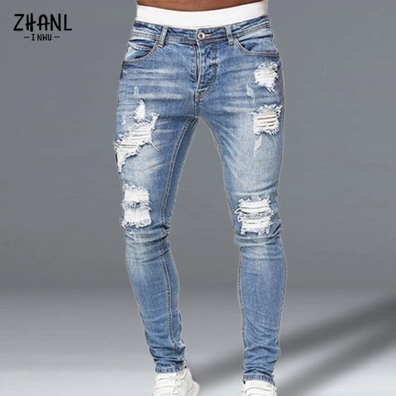 Mens Jeans Ripped Skinny Jeans Hip Hop Hole Pencil Pants Casual Trousers Streetwear High Quality Distressed Denim Men Clothing