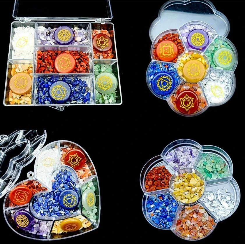 

Natural Crystal Stone Seven Chakra Set Reiki Balancing Tumble Chip Crystal Healing Reiki Wicca Stones Kit Home Decor Storage Box
