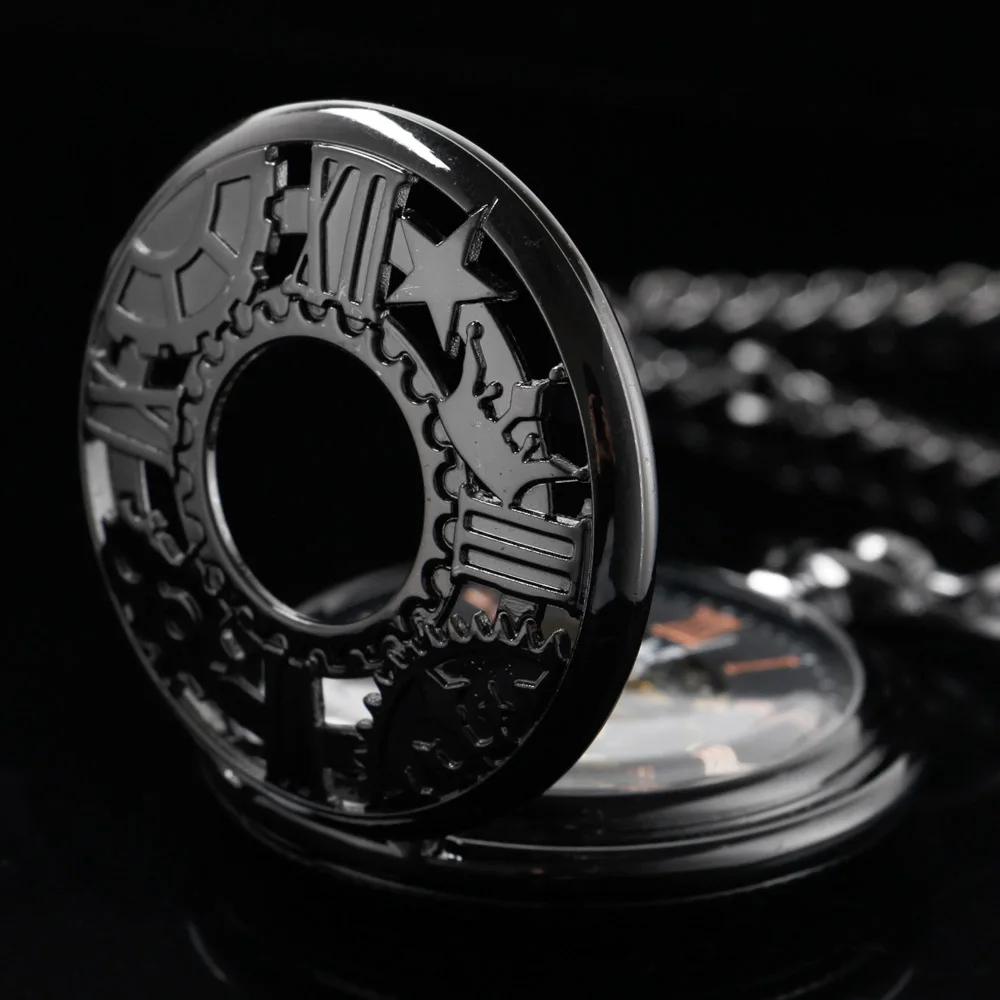 Black Hollow Exquisite Time Gear Steampunk Mechanical Pocket Watch Retro Gentleman Analog Signal Clock Lady Jewelry Gift