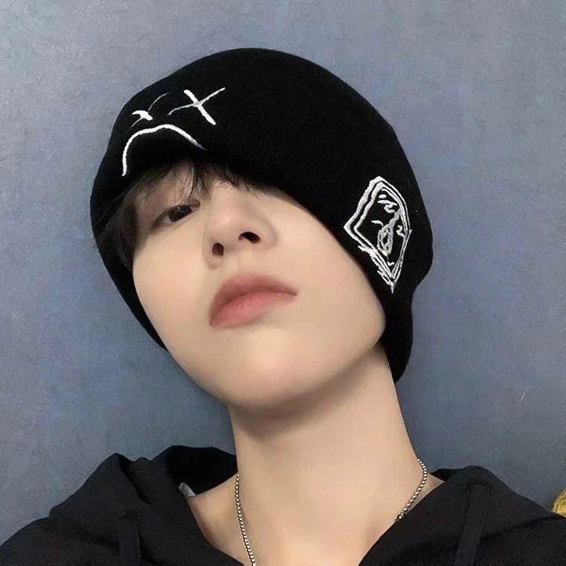 

Sad Boy Bone Winter Hat Embroidered Beanies Skullies For Men Women Knitted Hat Sad Face Funny Pullover Cap Woolen Cap