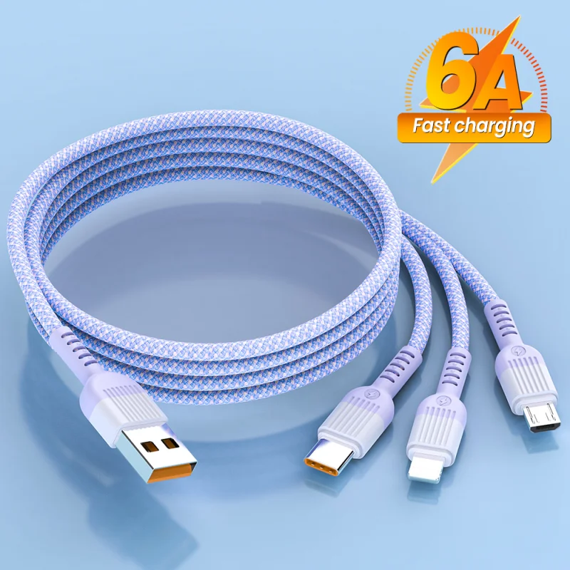 

3 In 1 Usb Super Fast Charge Cable 66W Type-C/Lightning/Micro Usb 6A Data Cable for Iphone 14 13 Samsung Xiaomi Huawei