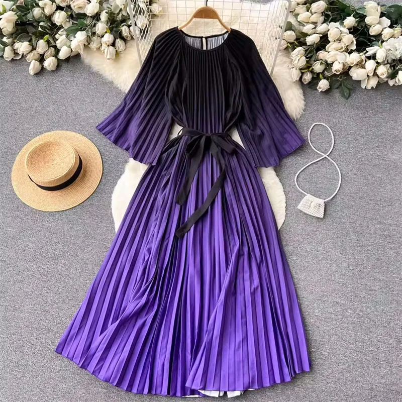 

Summer Vintage Gradient Pleated Dress Women Round Neck Flare Sleeve High Waist Lace-up Elegant Ladies Dresses Korean Vestidos