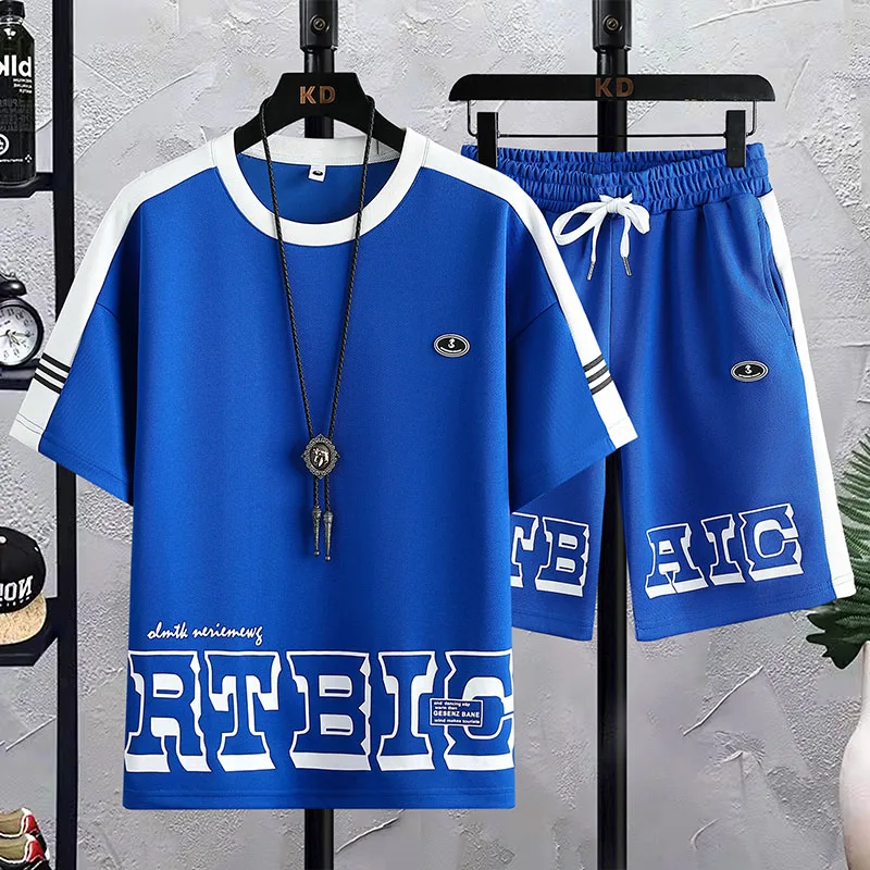 Casual Sports Suit Men's Summer Fashion Brand Fashion Letters Short-Sleeved Men's Suit with Handsome Teen Clothes