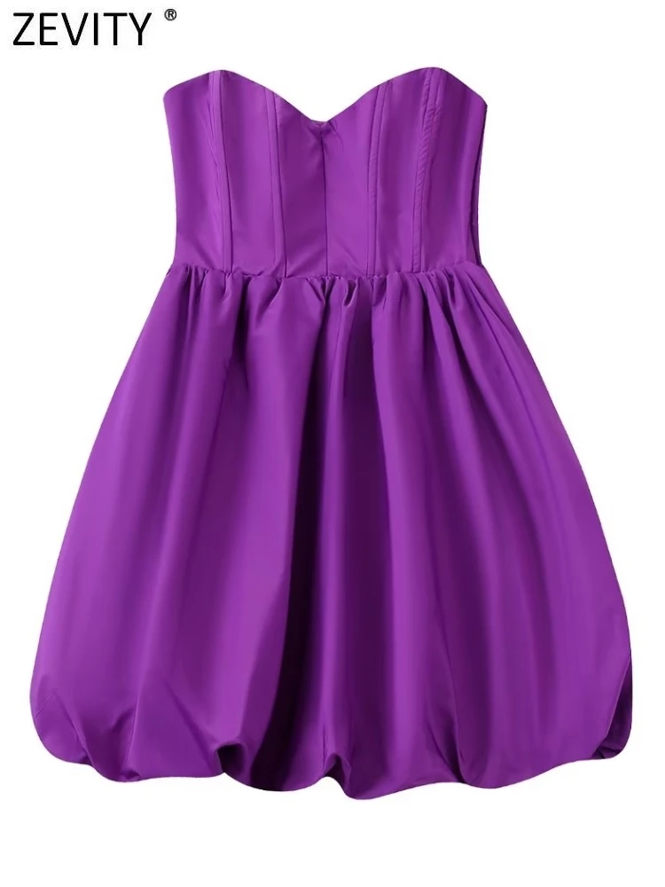 

Zevity 2022 Women Sexy Strapless Corset Style Purple Mini Ball Gown Dress Female Zipper Fly Pleats Design Party Vestidos DS2999