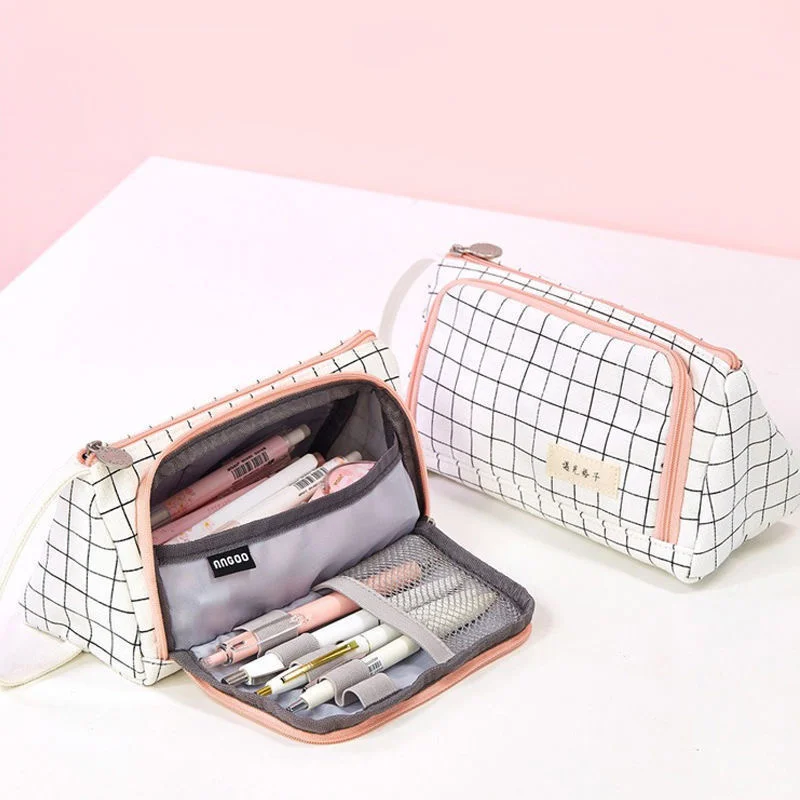 

Simple Plaid Pencil Case Multi Layer Large Capacity Cosmetic Stationary Pen for Storage Bag Student school supplies stationery
