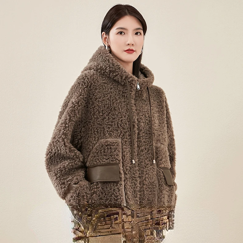 

2022 Women's Autumn Winter New Sheep Shearing Fur Coats Female Genuine Lamb Fur Jackets Ladies Loose Warm Hooded Outerwear F411