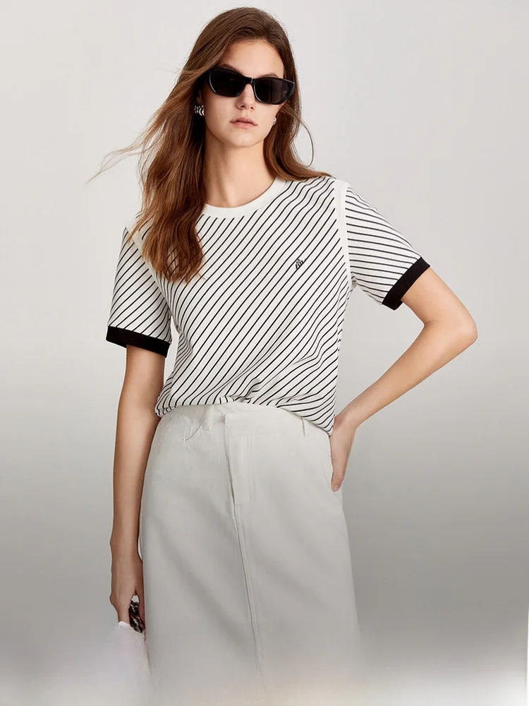 Женская футболка Elle Design в черно-белую полоску с круглым вырезом и короткими