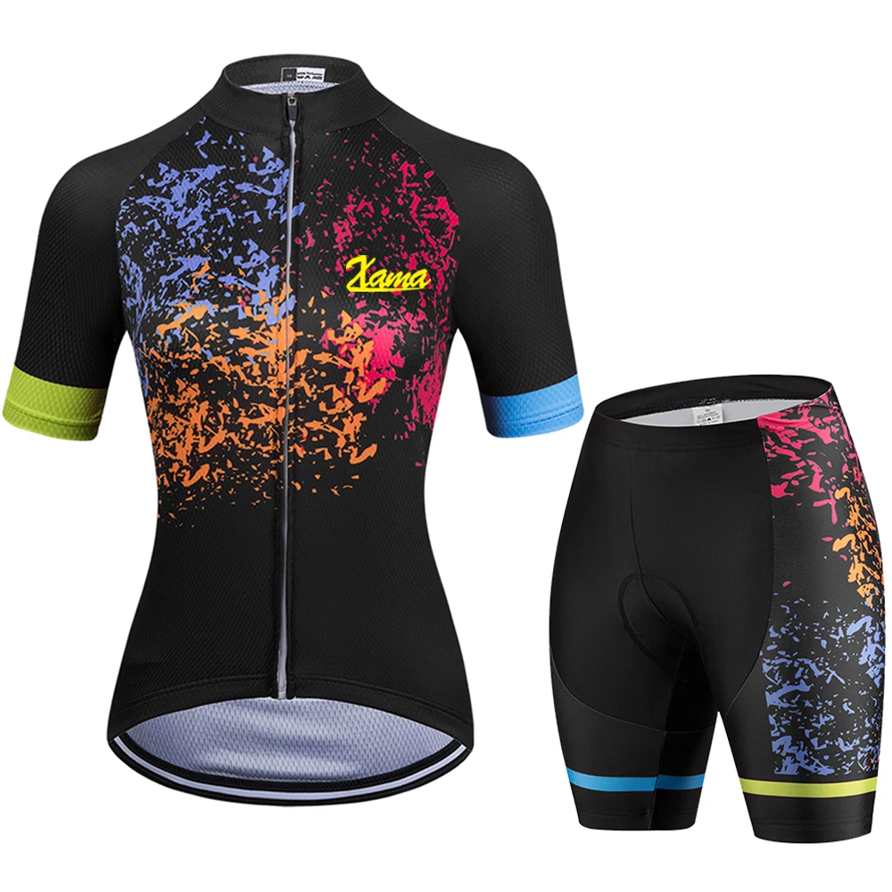 

XAMA PRO Women‘s Black Short Sleeve Cycling Jersey Bib Sets Breathable Bicycle Shirt 2 Pieces 20D Gel Pad Bike Clothing Summer