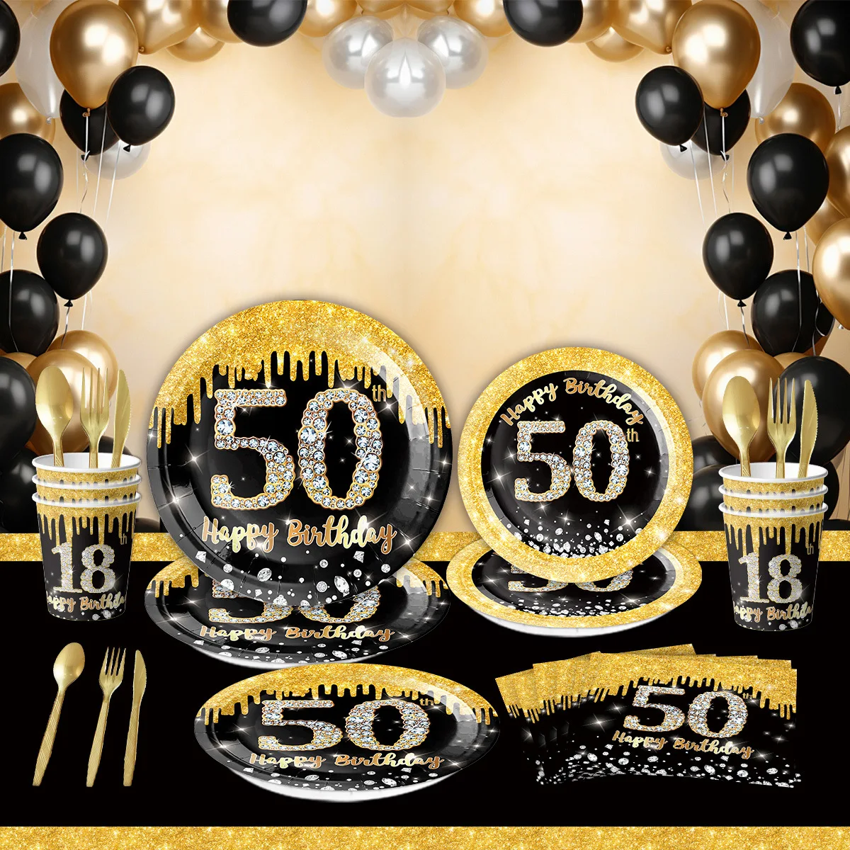Украшения для вечеринки в честь 50-летия тарелки салфетки скатерть посуда черный