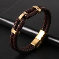 gothic rock mens leather braided bracelet with stainless steel charm magnetic clasp bangles friendship jewelry pulsera hombre