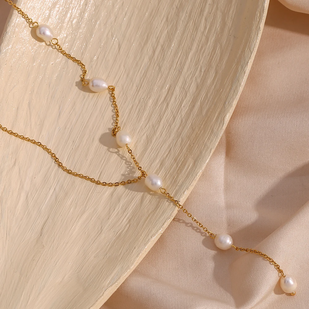 

Holiday Beach Style Y Shaped Natural Freshwater Pearl Chain Necklace For Woman Stainless Steel Tassel Chain Sexy Body Jewelry