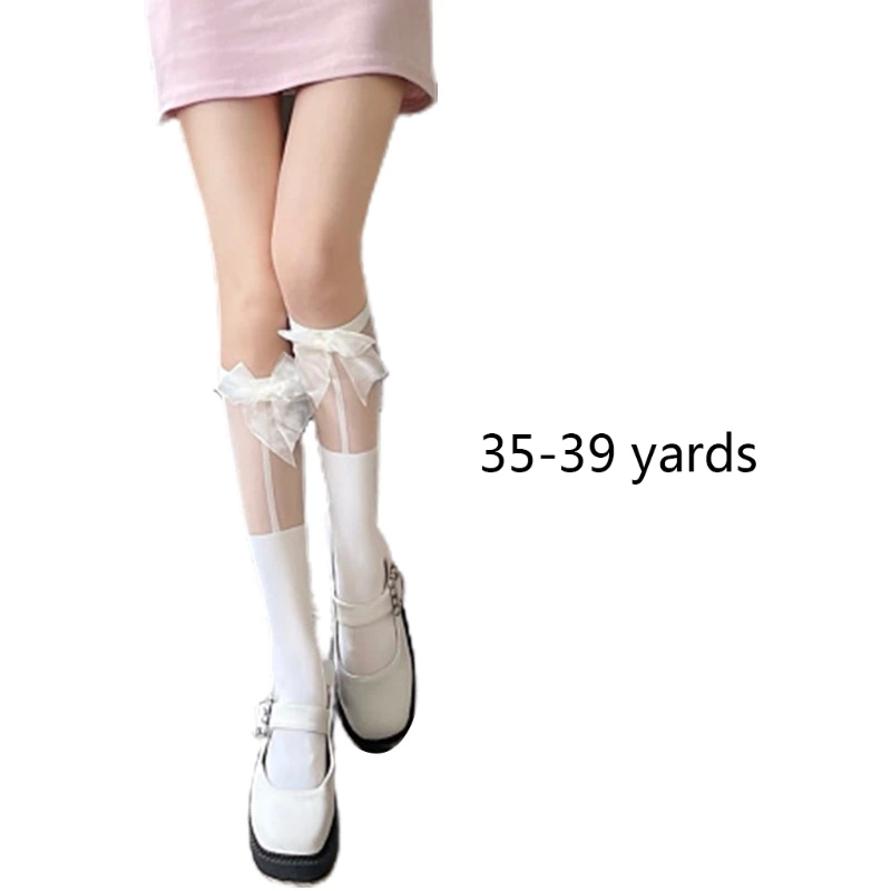 Women  Knee High Socks Fake Garter Striped Sheer Mesh Splicing Sweet Ribbon Bow  Tattoo Hosiery Stockings 37JB images - 6