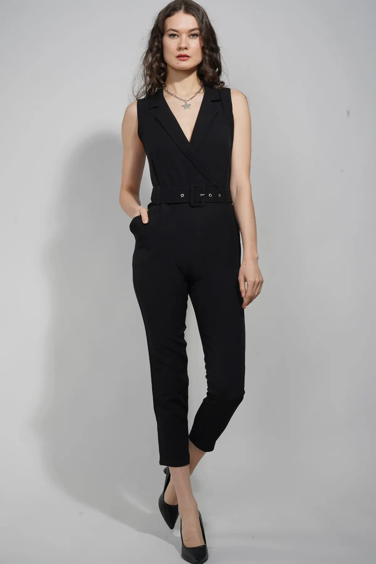 

Women's Overalls Double Breasted Belted Jumpsuit Hot Style Quality Fabric Sleeveless Baggy Trousers Casual Jumpsuit