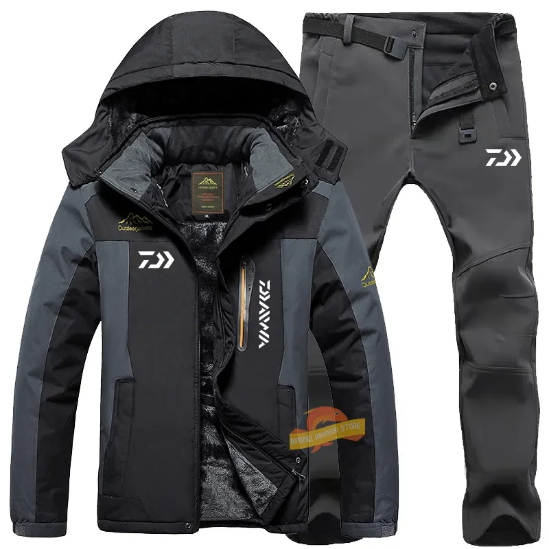 

Daiwa Men's Winter Plus Velvet Thicken Waterproof Fishing+Suit Fleece Pants Cold Warm Riding Clothes Outdoor Climbing Wind Coat