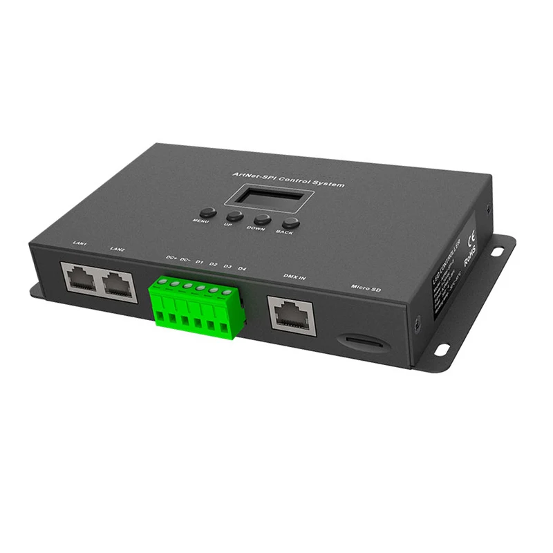 

New Artnet to SPI Led Pixel Controller DC5V-24V SPI (TTL) Digital Output Driving 680 Pixels 4 Universe Ethernet to SPI Converter