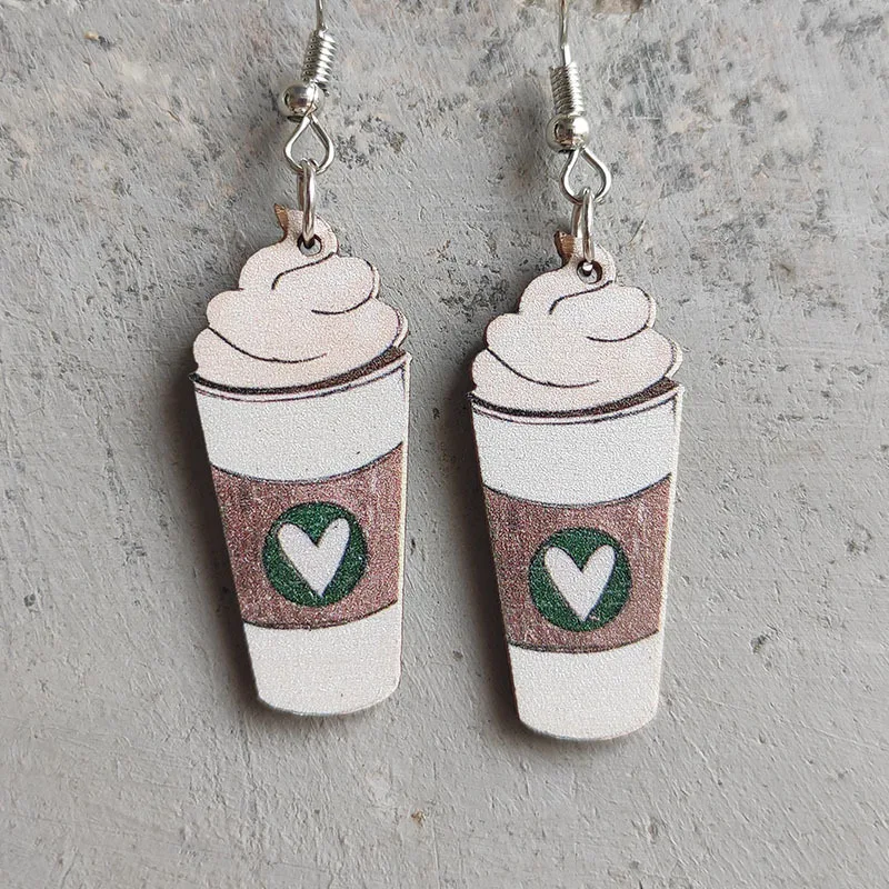 2022 Wholesale Hot Sale Coffee Cup Wooden Earrings Drink Ice Cream Love Earrings Cute Teacher Student Gift Accessories images - 6