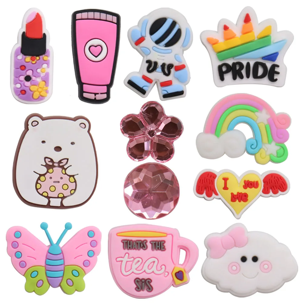 

50Pcs Wholesale PVC Tea Butterfly Astronauts Shoe Decoration Lipsticks Woman Shoe Charms Buckle Clog Fit Croc Jibz Wristband