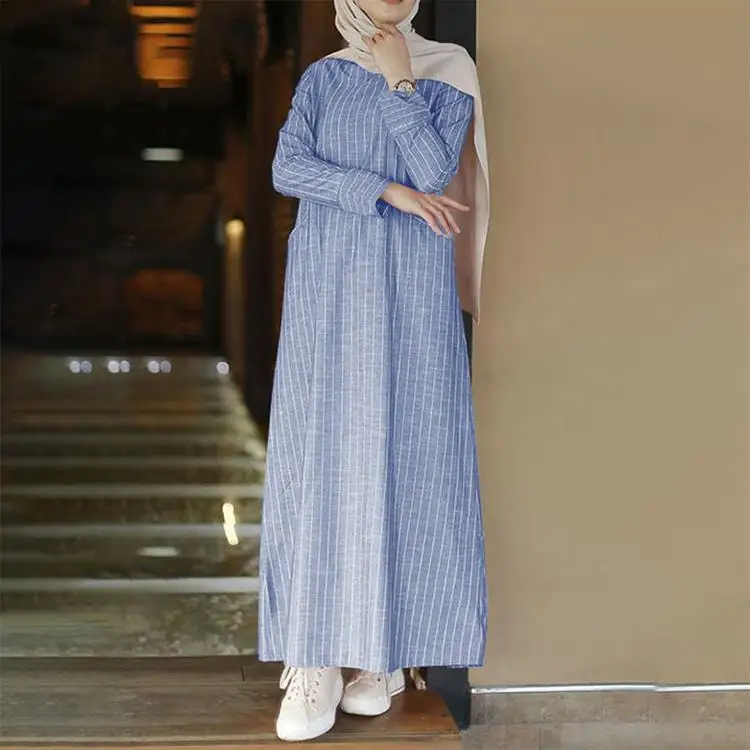 Abayat Vintage Casual Long Sleeve Abayas for Women Dubai 2023Striped Cotton Linen Women's Dress Robe Femme Musulman