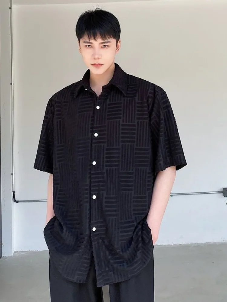 

SYUHGFA 2022 Summer Towel Jacquard Turn Down Collar Short Sleeve Shirt For Men Loose Fashion Style Tops T-shirt Men Clothing