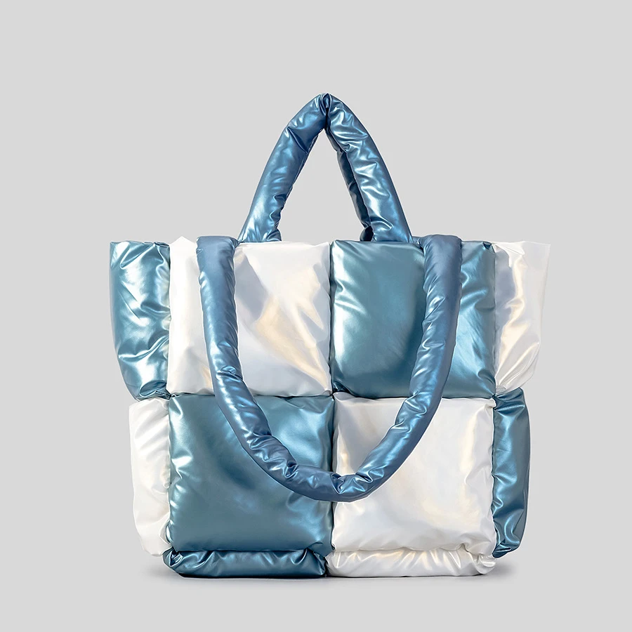 

Fashion Patchwork Plaid Padded Women Handbags Soft Puffy Quilted Shoulder Bags Casual Nylon Tote Bag Winter Shopper Purse 2023