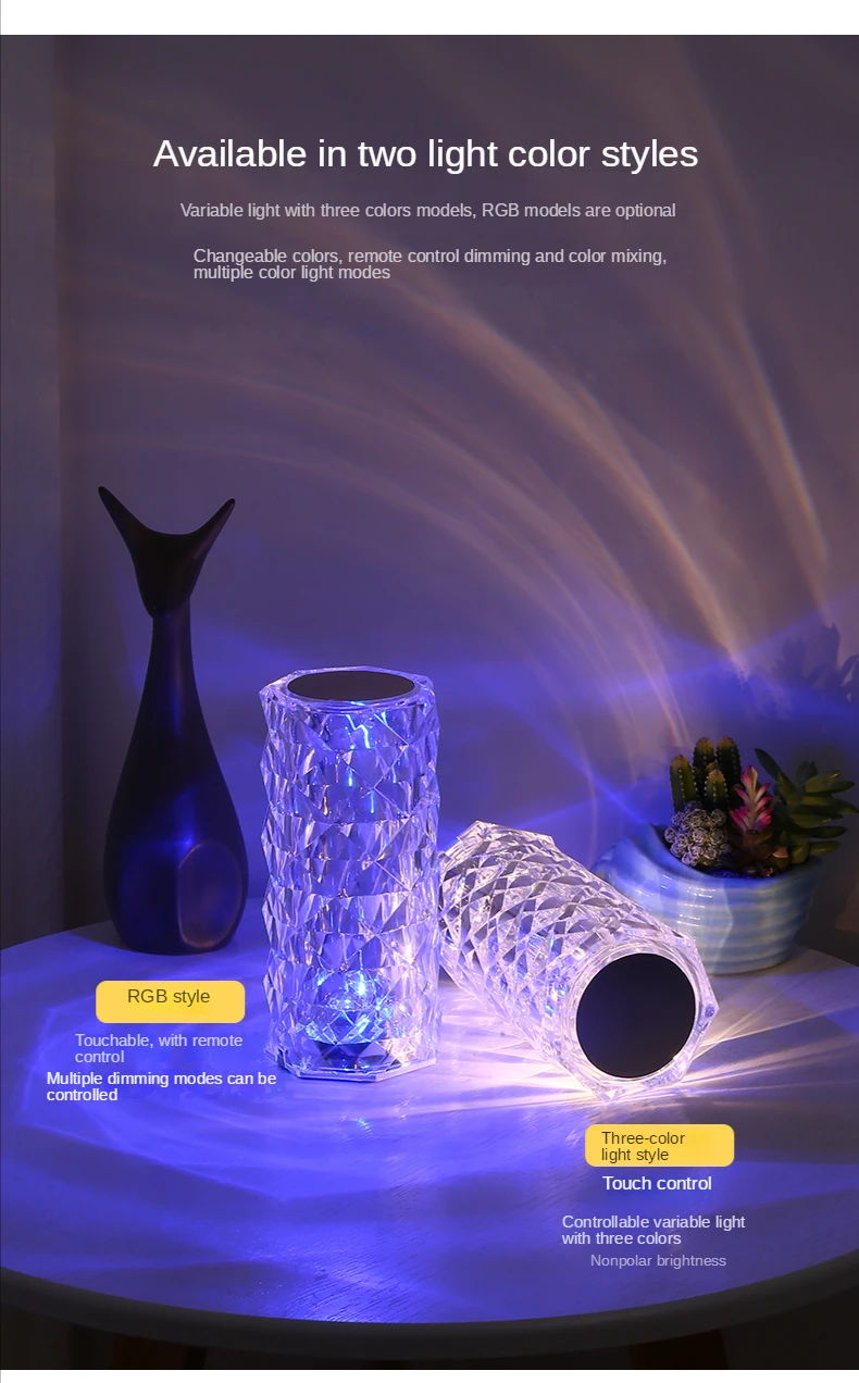 

RGB Led Crystal Table Lamp Rose Diamond Desk Lights USB Touch Decor Restaurant Bar Nightclub Feast