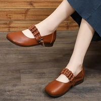 super soft cow leather cover heel women shoes ankle strap wild girls casual square head flats chaussure femme