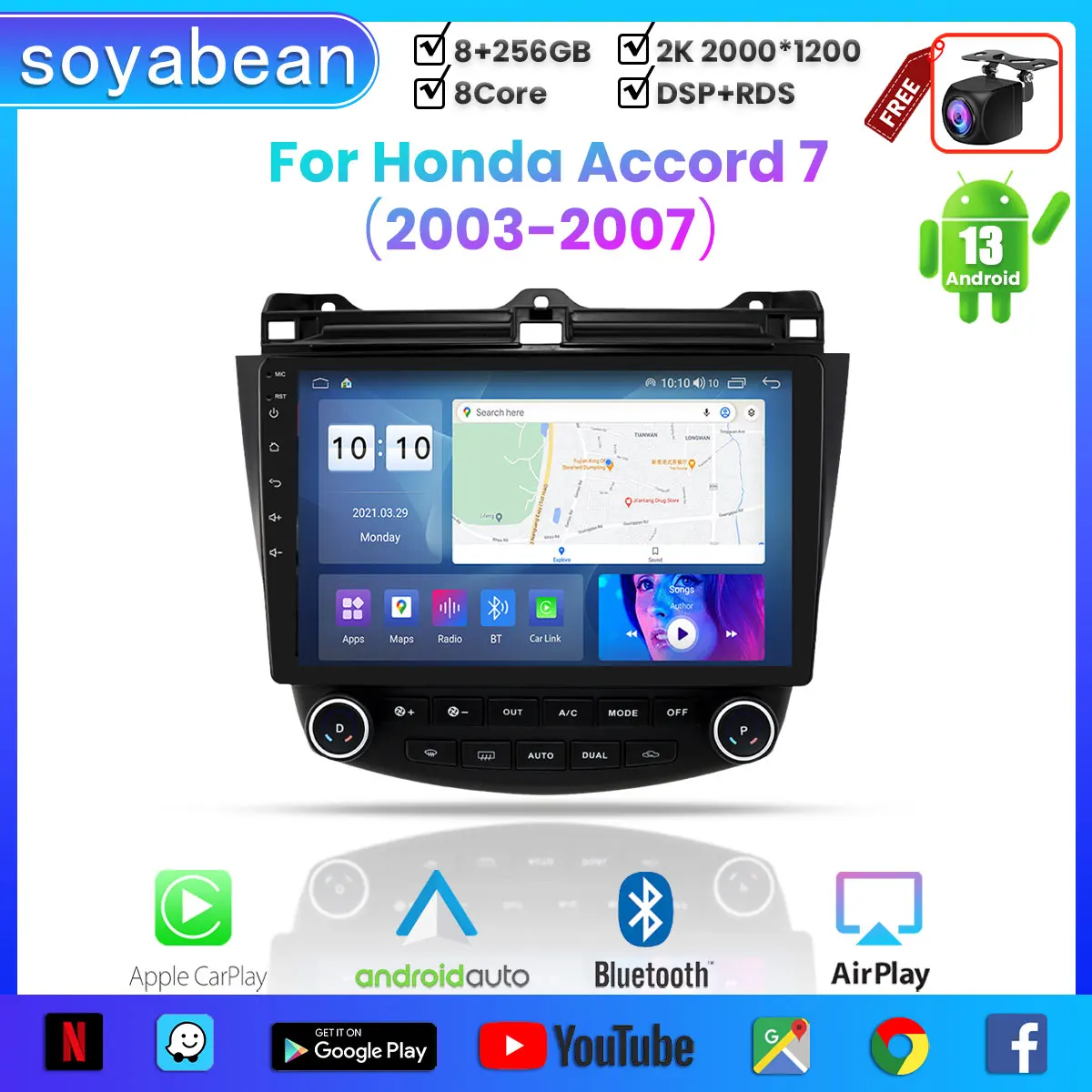 

Автомобильный радиоприемник Android 13 для Honda Accord 7 2003-2007,10 дюймов, мультимедийный плеер с 4G WiFi Carplay и 2Din GPS-навигацией.