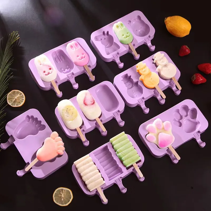 

Silicone Ice Cream Mold Popsicle Siamese Molds with Lid DIY Homemade Ice Lolly Mold Cartoon Cute Image Handmade Kitchen Tools