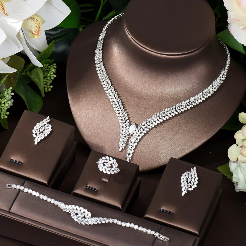 HIBRIDE Charms 4PCS Geometric Water Drop Necklace Earring Sets For Women Wedding Bridal Cubic Zircon Dubai Party Jewelry N-792