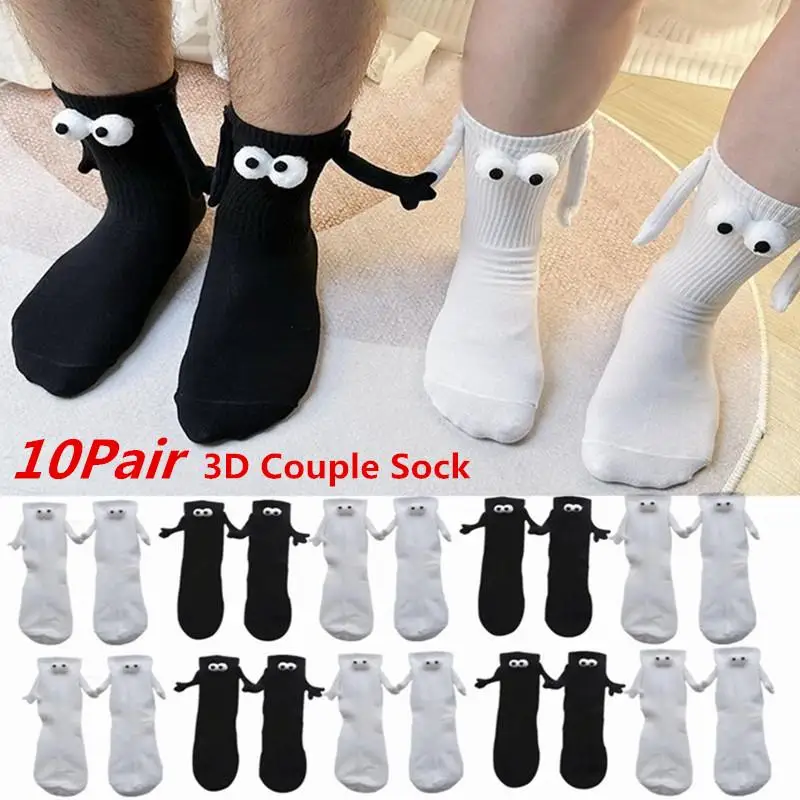 10Pair Kawaii Women Socks Long Sock Black White Couple Holding Hands Socks Girls Sweet Harajuku Doll Couple Cotton Couple Sox