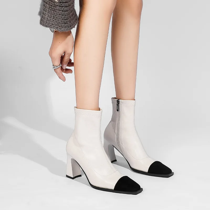 

Женские ботинки на молнии, однотонные ботильоны из натуральной кожи, без застежки, на высоком каблуке, на резиновой подошве, для осени и зимы...