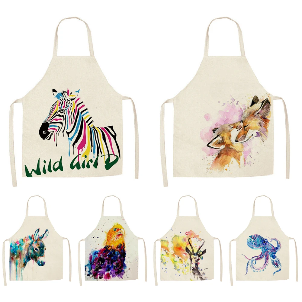 

Cute Zebra Fox Printed Aprons Cotton Linen Sleeveless Cooking Baking Kitchen Apron for Women Household Cleaning Bib Delantal