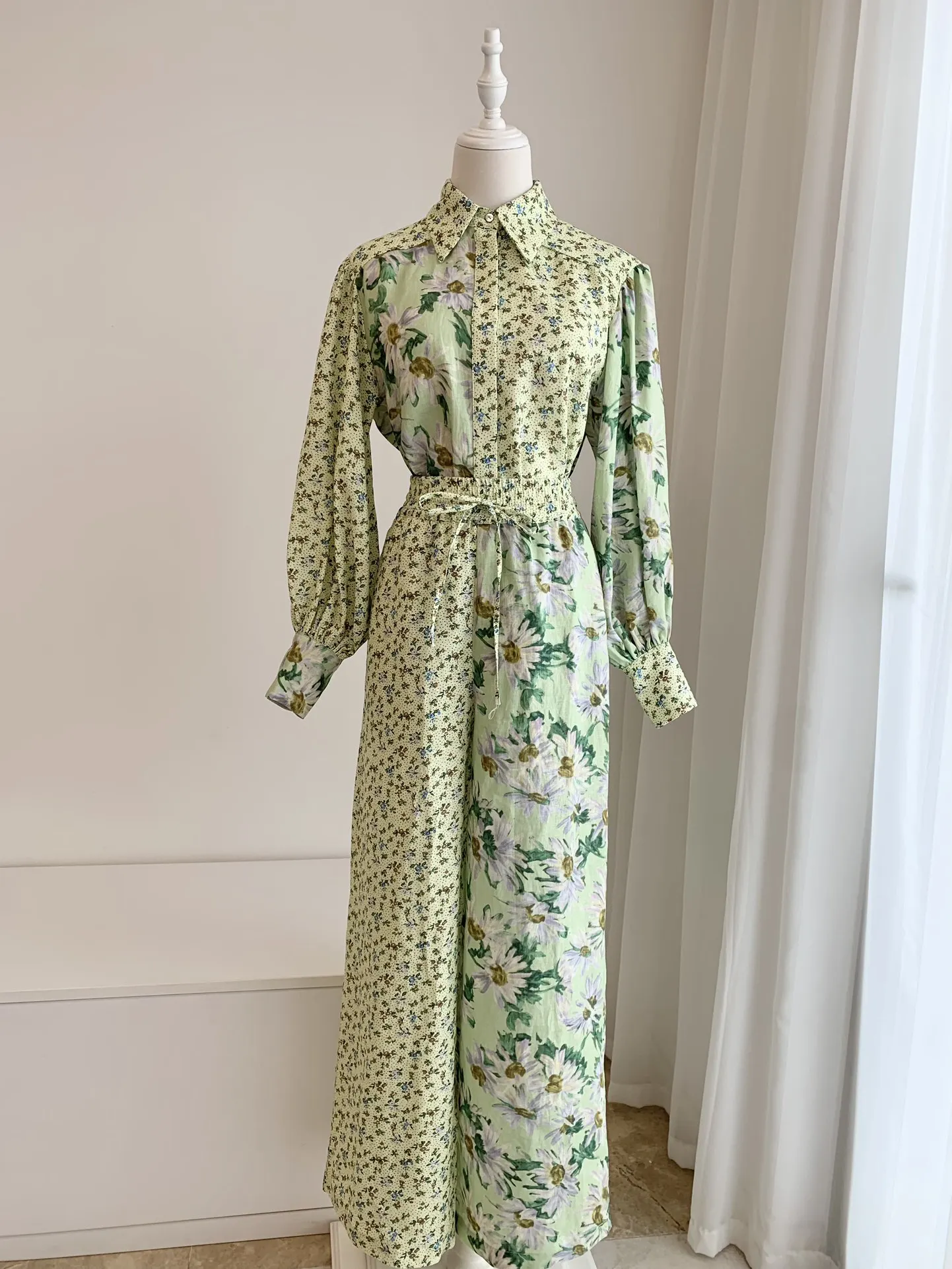 

Women Blouse Printed Patchwork Or Elastic Waist Wide Leg Pant